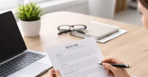 Pessoa revisando currículo em ambiente profissional