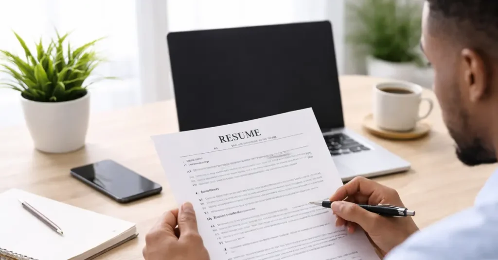 profissional analisando currículo em ambiente de trabalho antes de processo seletivo