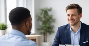 Entrevista de emprego em ambiente corporativo entre recrutadora e candidato