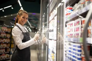 profissional de supermercado repondo produtos em câmara refrigerada durante jornada de trabalho