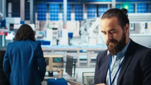 gestor analisando informações profissionais em ambiente industrial e tecnológico