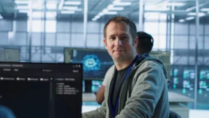 profissional de tecnologia trabalhando em ambiente corporativo com sistemas e dados