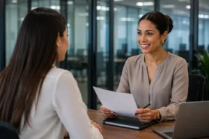 Profissional entrevistando durante processo de recrutamento e seleção